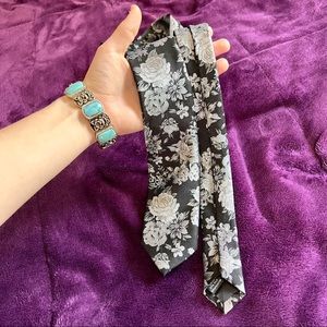 Bar III Black and White Floral Silk Tie